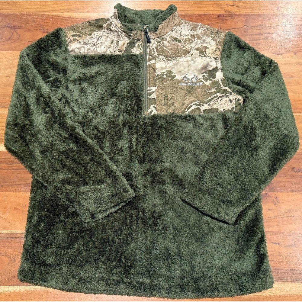 Realtree Mens M Sherpa Fleece Pullover Olive Green Camo 1/4 Zip Hunting - Picture 1 of 9